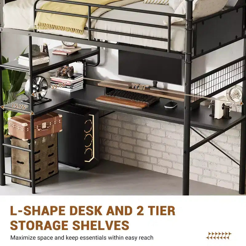 Twin Metal Loft Bed with Desk and Shelves for Teens Adult, Loft Bed Frame with Built-in Ladders, Space-Saving, Safety Guard & Ladder, Noise Free