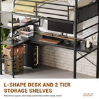 Twin Metal Loft Bed with Desk and Shelves for Teens Adult, Loft Bed Frame with Built-in Ladders, Space-Saving, Safety Guard & Ladder, Noise Free