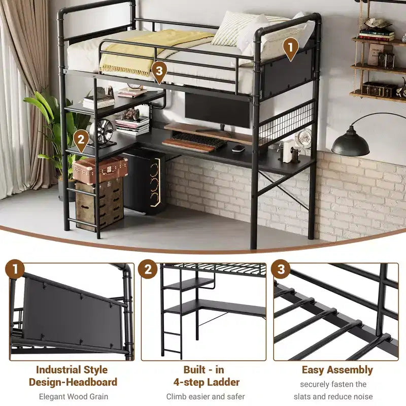 Twin Metal Loft Bed with Desk and Shelves for Teens Adult, Loft Bed Frame with Built-in Ladders, Space-Saving, Safety Guard & Ladder, Noise Free