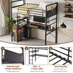 Twin Metal Loft Bed with Desk and Shelves for Teens Adult, Loft Bed Frame with Built-in Ladders, Space-Saving, Safety Guard & Ladder, Noise Free