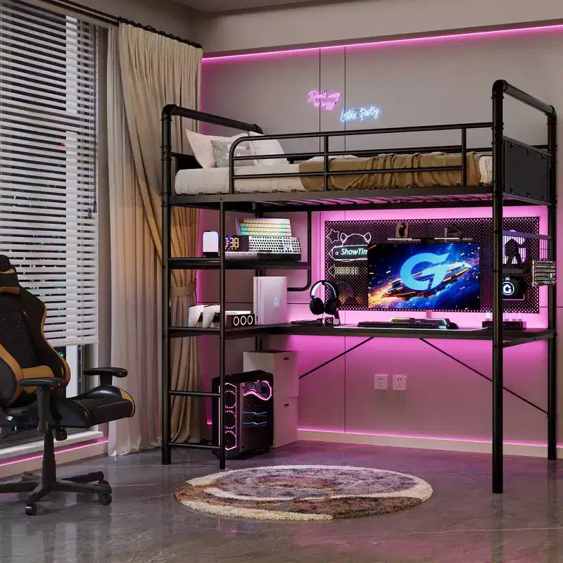 Twin Metal Loft Bed with Desk and Shelves for Teens Adult, Loft Bed Frame with Built-in Ladders, Space-Saving, Safety Guard & Ladder, Noise Free