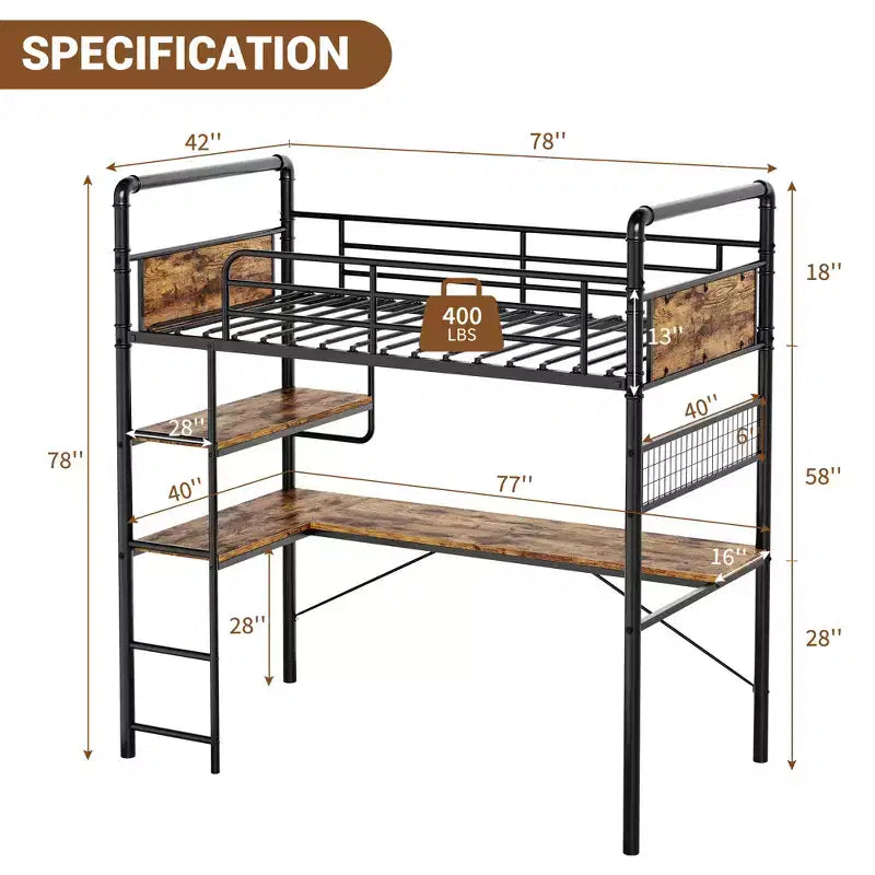Twin Metal Loft Bed with Desk and Shelves for Teens Adult, Loft Bed Frame with Built-in Ladders, Space-Saving, Safety Guard & Ladder, Noise Free