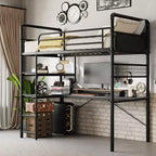 Twin Metal Loft Bed with Desk and Shelves for Teens Adult, Loft Bed Frame with Built-in Ladders, Space-Saving, Safety Guard & Ladder, Noise Free
