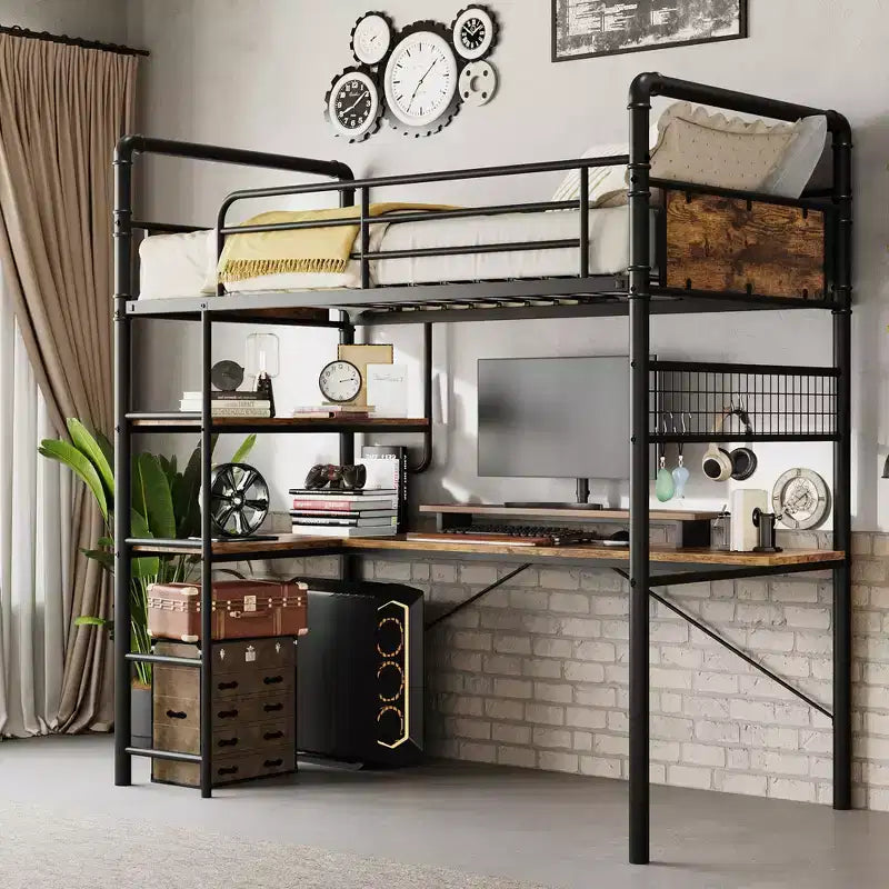 Lit mezzanine en métal double avec bureau et étagères pour adolescents et adultes, cadre de lit mezzanine avec échelles intégrées, peu encombrant, barrière de sécurité et échelle, silencieux