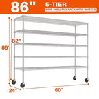 5-Tier Heavy Duty Metal Storage Rack 60W x 24D x 82H, 3000LBS Adjustable Wire Metal Shelves for Storage, Free Standing Storage Shelf Units