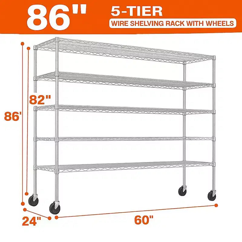 5-Tier Heavy Duty Metal Storage Rack 60W x 24D x 82H, 3000LBS Adjustable Wire Metal Shelves for Storage, Free Standing Storage Shelf Units