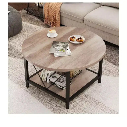 2-Tier Modern Round Coffee Table With Storage Open Shelf Wood Center Coffee For Home Office Living Room