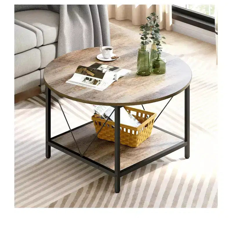 Table basse ronde moderne à 2 niveaux avec étagère de rangement ouverte en bois pour salon, bureau à domicile