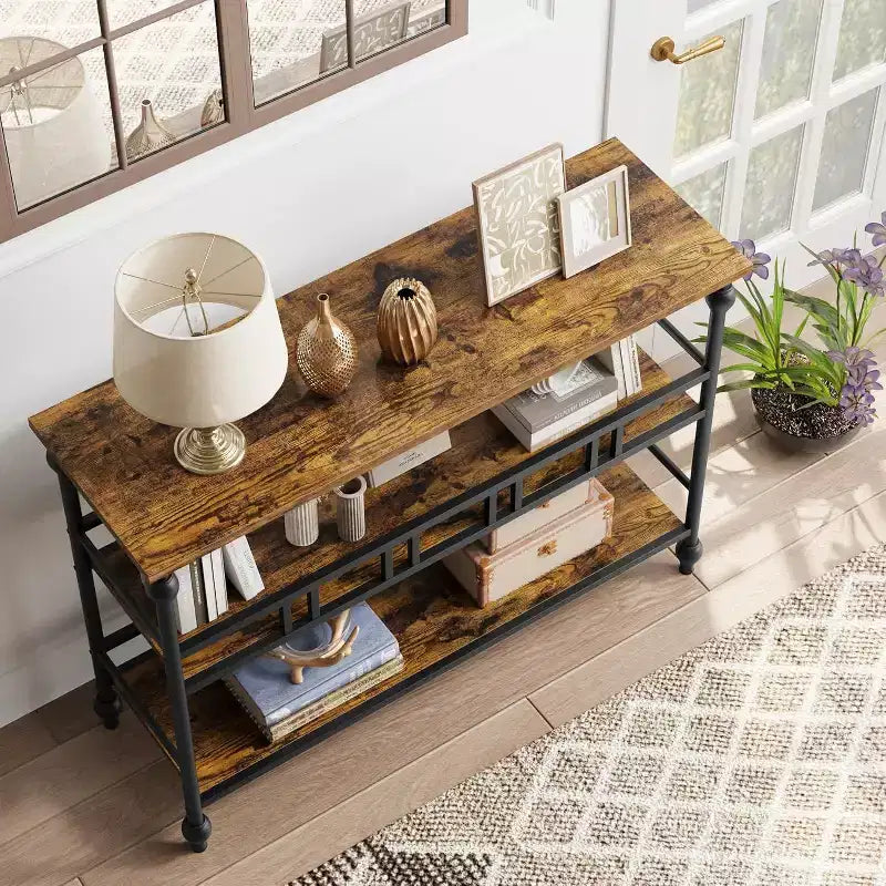 Console industrielle 43" à 3 niveaux, table d'entrée étroite et table de canapé avec étagères, design peu encombrant pour couloir, salon, petits espaces