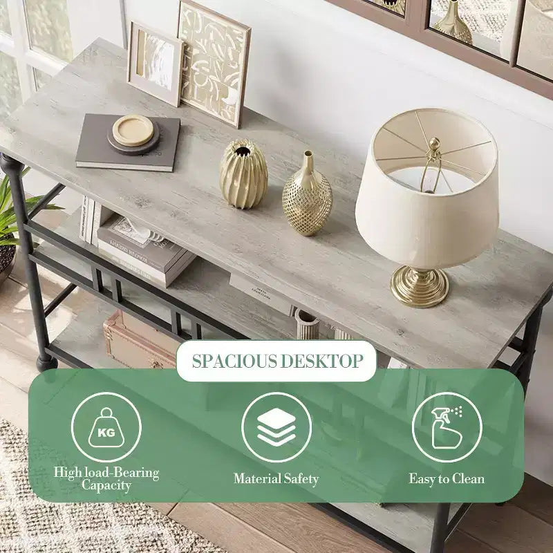 Console industrielle 43" à 3 niveaux, table d'entrée étroite et table de canapé avec étagères, design peu encombrant pour couloir, salon, petits espaces
