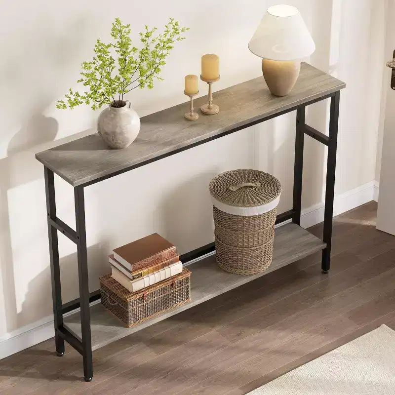 Table console Slim 5.9, table console étroite à 2 niveaux avec étagère réglable, design peu encombrant pour le salon, l'entrée, le couloir et le foyer