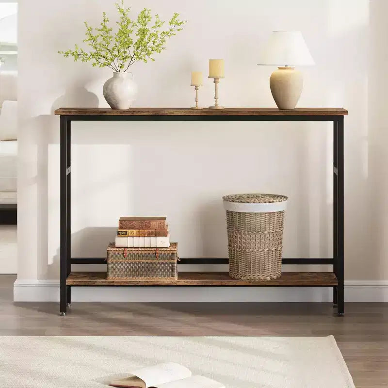 Table console Slim 5.9, table console étroite à 2 niveaux avec étagère réglable, design peu encombrant pour le salon, l'entrée, le couloir et le foyer