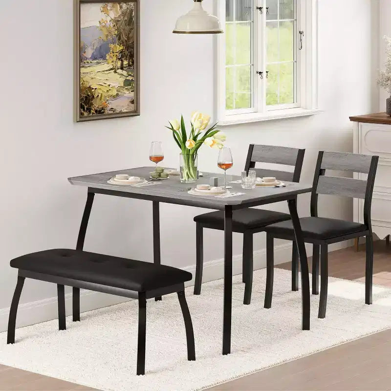 Ensemble de salle à manger 5 pièces en bois, banc rembourré et 2 chaises, dinette compacte pour studio, cuisine, salle à manger