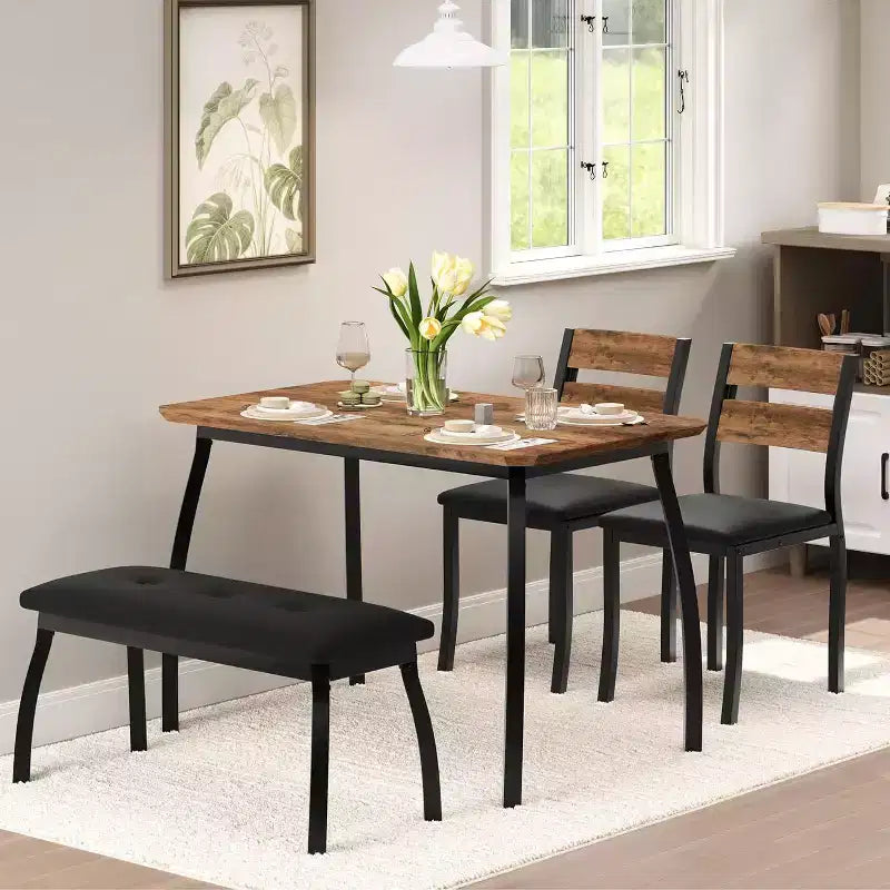 Ensemble de salle à manger 5 pièces en bois, banc rembourré et 2 chaises, dinette compacte pour studio, cuisine, salle à manger