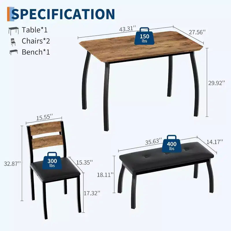 Ensemble de salle à manger 5 pièces en bois, banc rembourré et 2 chaises, dinette compacte pour studio, cuisine, salle à manger