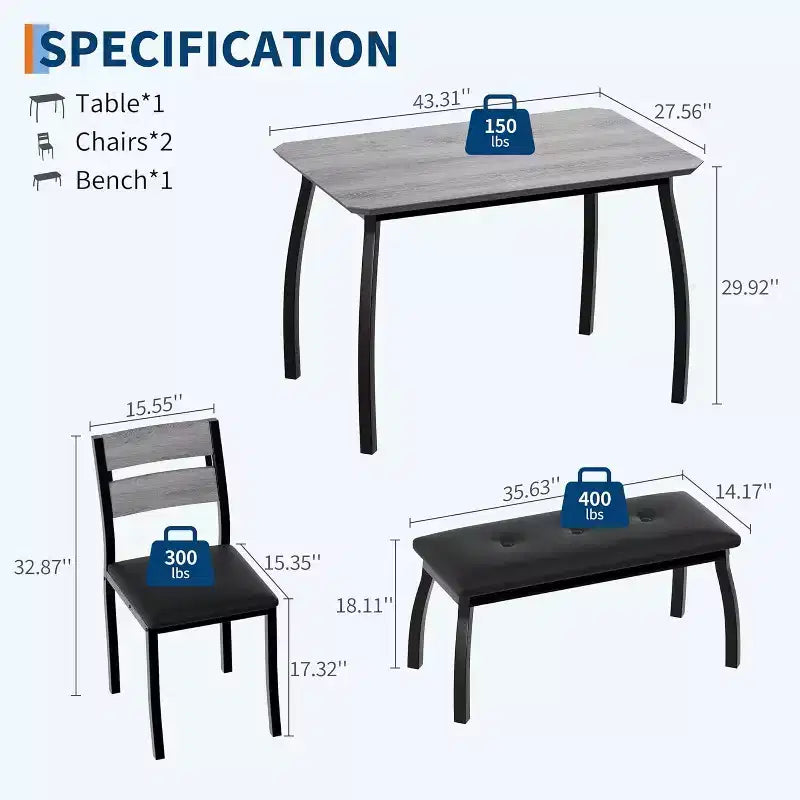 Ensemble de salle à manger 5 pièces en bois, banc rembourré et 2 chaises, dinette compacte pour studio, cuisine, salle à manger