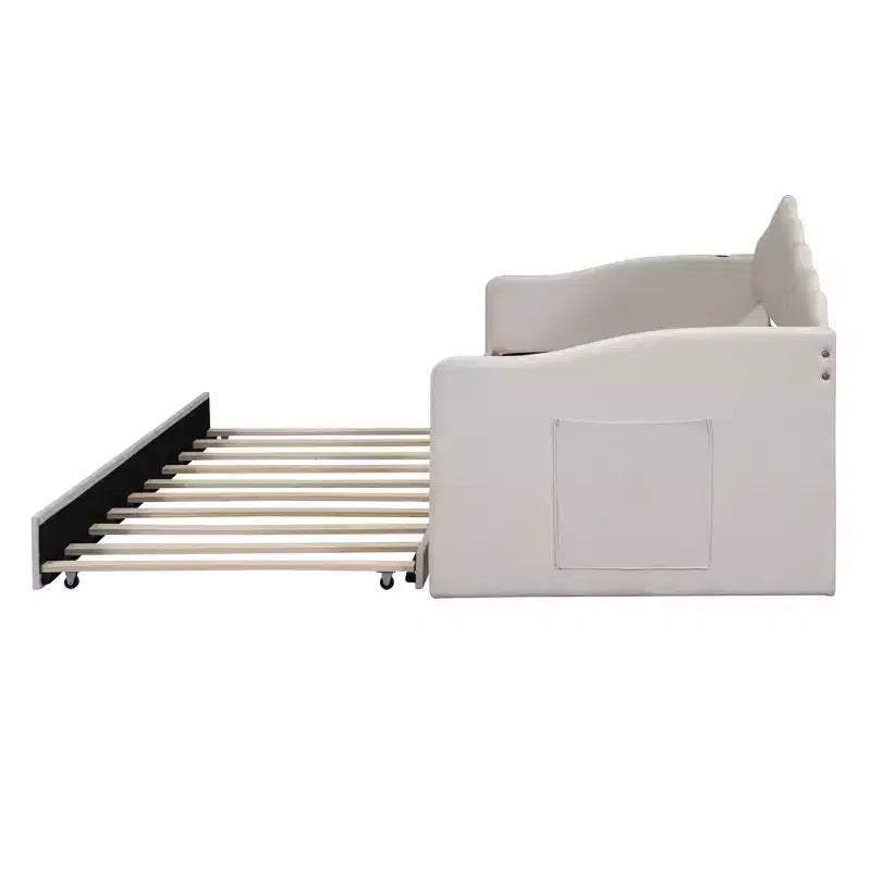 Twin Size Daybed with Trundle for Adults, Kids, Girls, Teens, Daybeds with Trundle for Living Room, Velvet, Beige