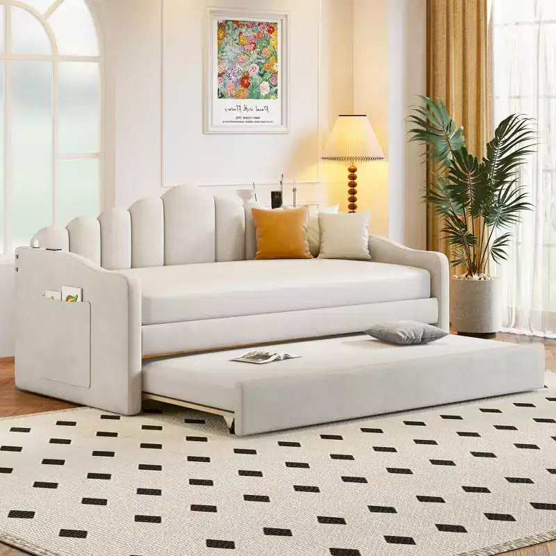 Twin Size Daybed with Trundle for Adults, Kids, Girls, Teens, Daybeds with Trundle for Living Room, Velvet, Beige