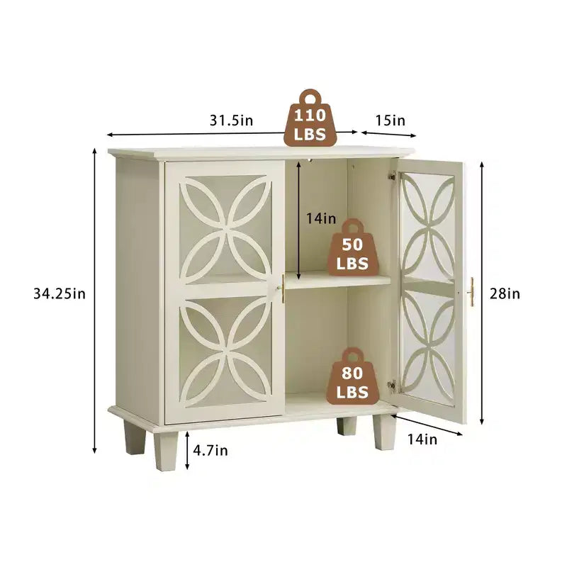 Meuble de rangement avec portes vitrées décoratives et étagère réglable, Crème