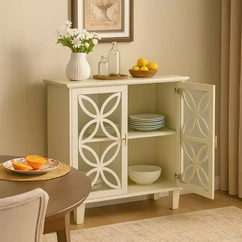 Meuble de rangement avec portes vitrées décoratives et étagère réglable, Crème