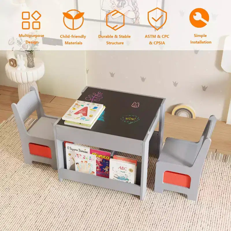 Kids Art Table and 2 Chairs, 3 in 1 Activity Table with 2 Chairs, Toddlers Craft Table Art Desk for Home Daycare Playroom