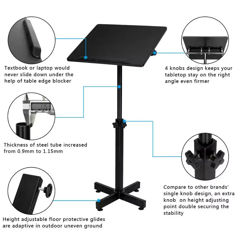 Lutrin de conférence classique, pupitre mobile réglable en hauteur, plateau de table polyvalent pour discours, conférences, bureau pour ordinateur portable avec butée de bord, noir