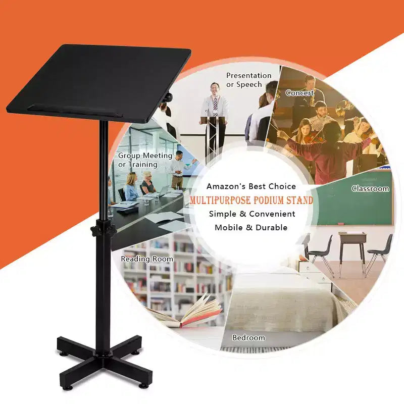 Lutrin de conférence classique, pupitre mobile réglable en hauteur, plateau de table polyvalent pour discours, conférences, bureau pour ordinateur portable avec butée de bord, noir