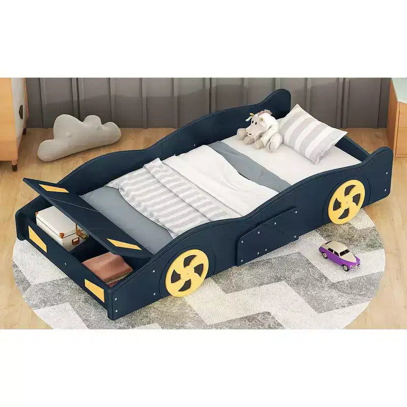 Full Size Race Car-Shaped Platform Bed, Wood Platform Bed Frame with Wheels and Storage, for Girls Boys Teenagers, Dark Blue