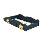 Full Size Race Car-Shaped Platform Bed, Wood Platform Bed Frame with Wheels and Storage, for Girls Boys Teenagers, Dark Blue