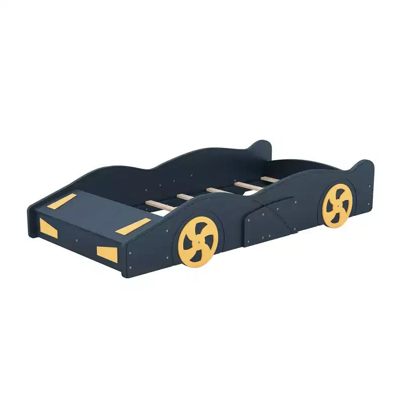 Full Size Race Car-Shaped Platform Bed, Wood Platform Bed Frame with Wheels and Storage, for Girls Boys Teenagers, Dark Blue