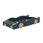 Full Size Race Car-Shaped Platform Bed, Wood Platform Bed Frame with Wheels and Storage, for Girls Boys Teenagers, Dark Blue