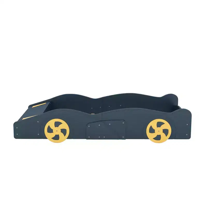 Full Size Race Car-Shaped Platform Bed, Wood Platform Bed Frame with Wheels and Storage, for Girls Boys Teenagers, Dark Blue
