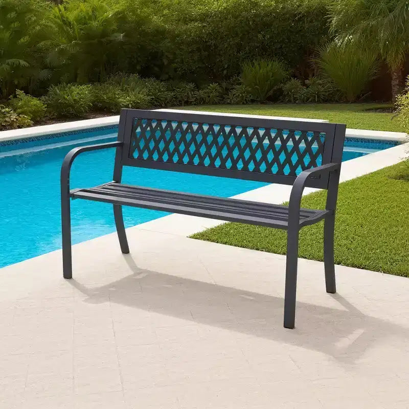 Iron Frame Bench with Geometric Hollowed-Out Design, Suitable for Gardens, Courtyards, and Terraces