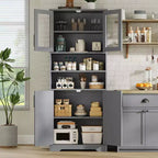 Meuble de rangement haut avec portes vitrées, Armoire de cuisine autoportante de 170 cm avec étagères réglables pour la cuisine et le salon