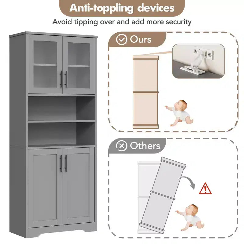 Meuble de rangement haut avec portes vitrées, Armoire de cuisine autoportante de 170 cm avec étagères réglables pour la cuisine et le salon