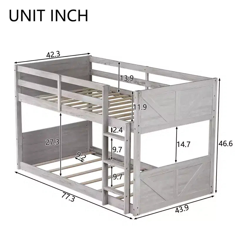Lit superposé jumeau sur jumeau avec cadre en bois d'hévéa, lits superposés pour tout-petits avec tête et pied de lit à panneaux, cadres de lit pour chambre à coucher