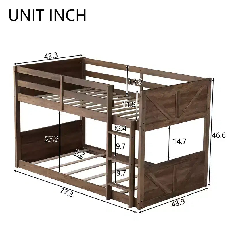 Lit superposé jumeau sur jumeau avec cadre en bois d'hévéa, lits superposés pour tout-petits avec tête et pied de lit à panneaux, cadres de lit pour chambre à coucher