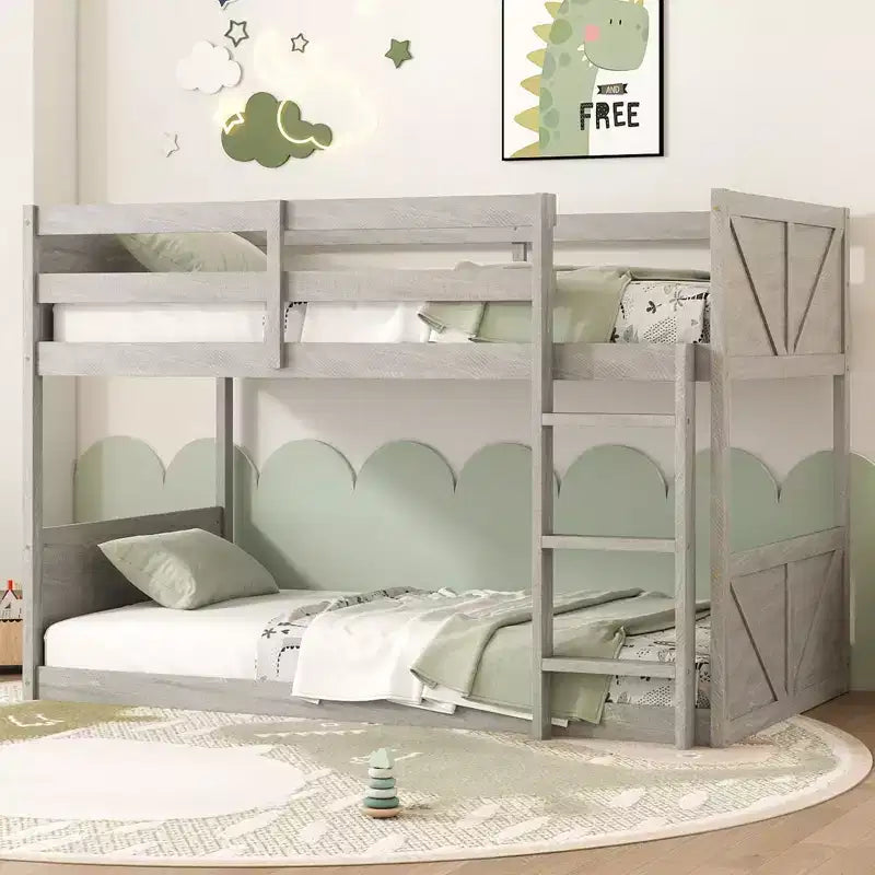 Lit superposé jumeau sur jumeau avec cadre en bois d'hévéa, lits superposés pour tout-petits avec tête et pied de lit à panneaux, cadres de lit pour chambre à coucher