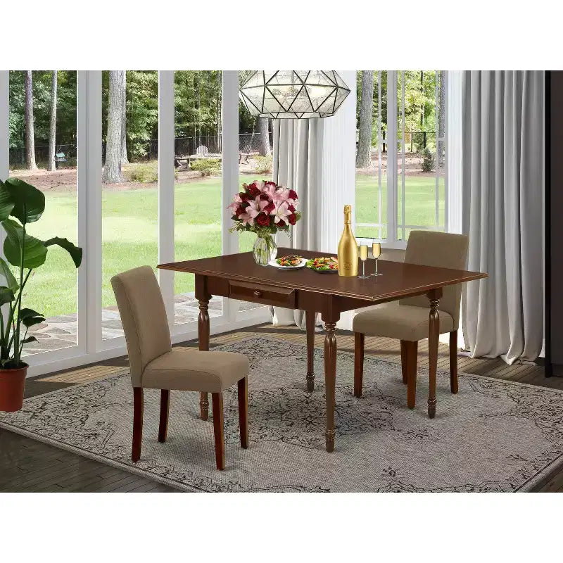 Table à manger 2 places en bois massif avec plateau rabattable finition acajou – 3 pièces