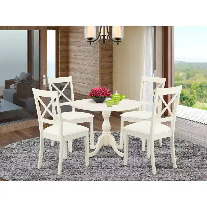 Table à manger 5 pièces, finition blanc lin, avec 4 chaises à dossier treillis rabattable