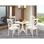 Table à manger 5 pièces, finition blanc lin, avec 4 chaises à dossier treillis rabattable