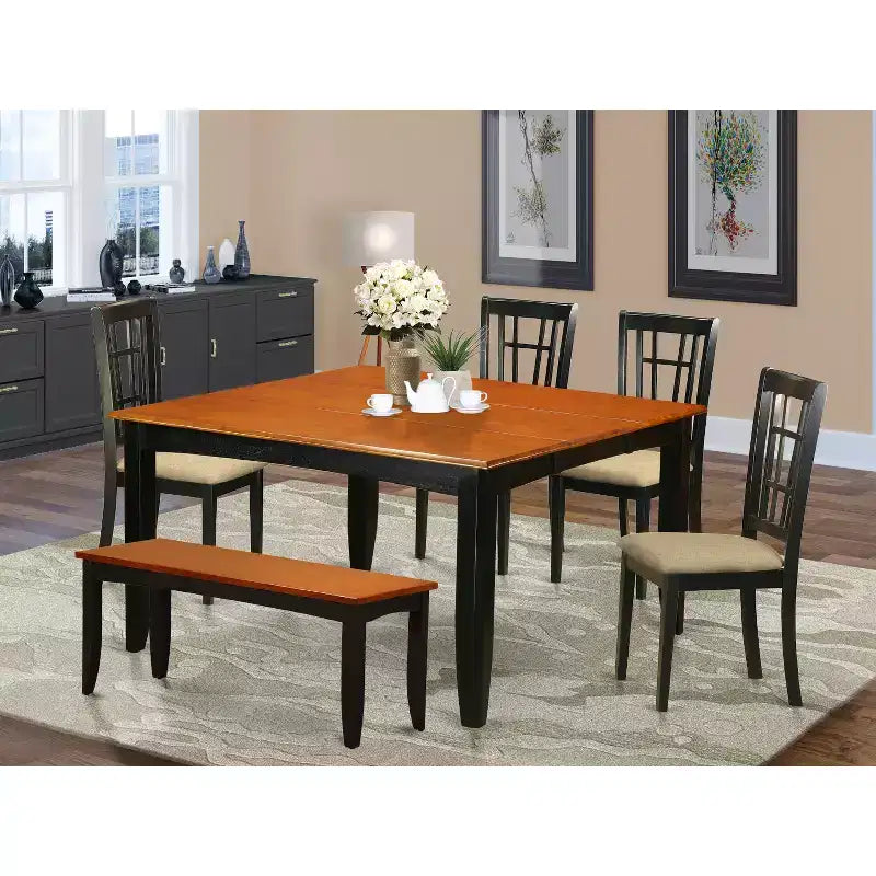 6-Piece Square Black & Cherry Finish Solid Wood Top Dining Table with 1-Bench and 4-Chairs