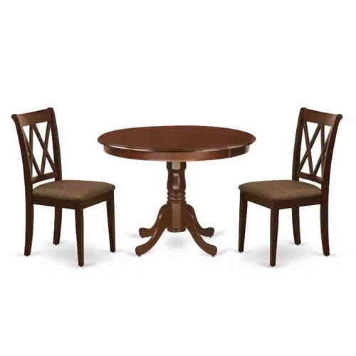 HomeStock 3-Pc Mahogany Finish Solid Wood Top - Round Dining Room Set - Seats 4
