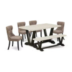 HomeStock 6-Pc Rectangle Natural Oak Finish Solid Wood Top Dining Table with 1-Bench, 4-Chairs