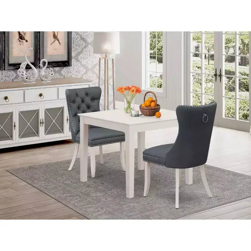 Table à manger 3 pièces à plateau carré en bois massif, finition blanc lin