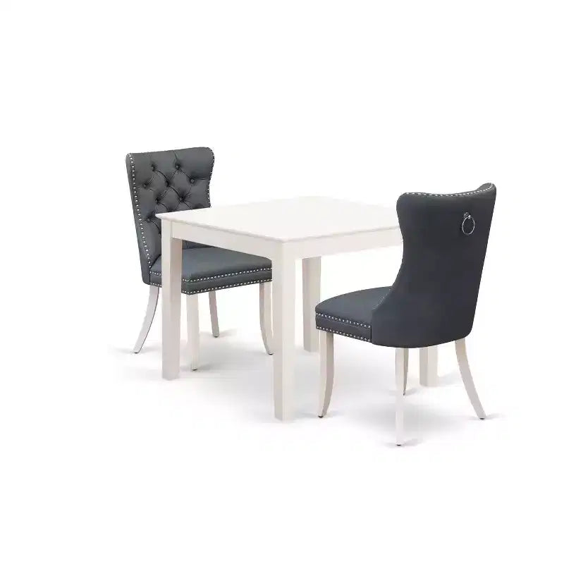 Table à manger 3 pièces à plateau carré en bois massif, finition blanc lin