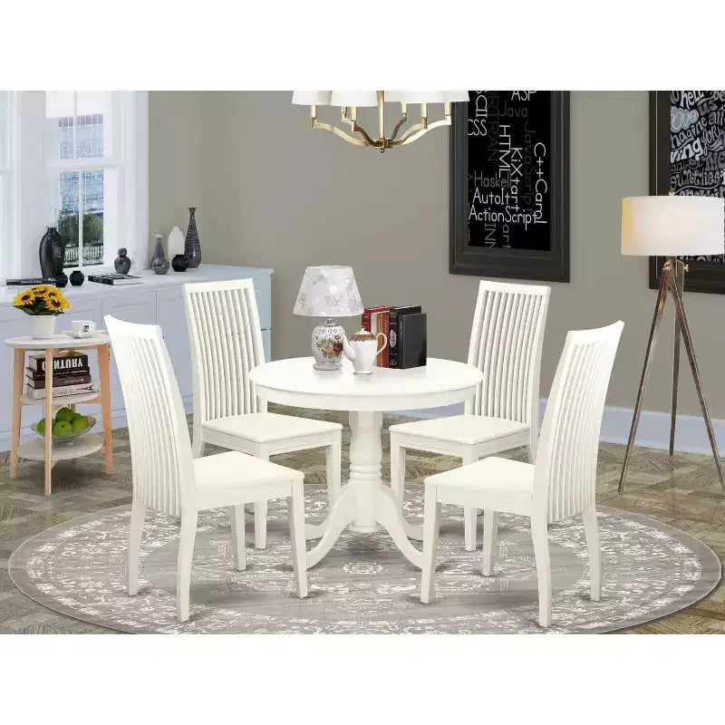 Table de cuisine 5 pièces ronde et 4 chaises en lin blanc, style bistro moderne