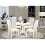Table de cuisine 5 pièces ronde et 4 chaises en lin blanc, style bistro moderne