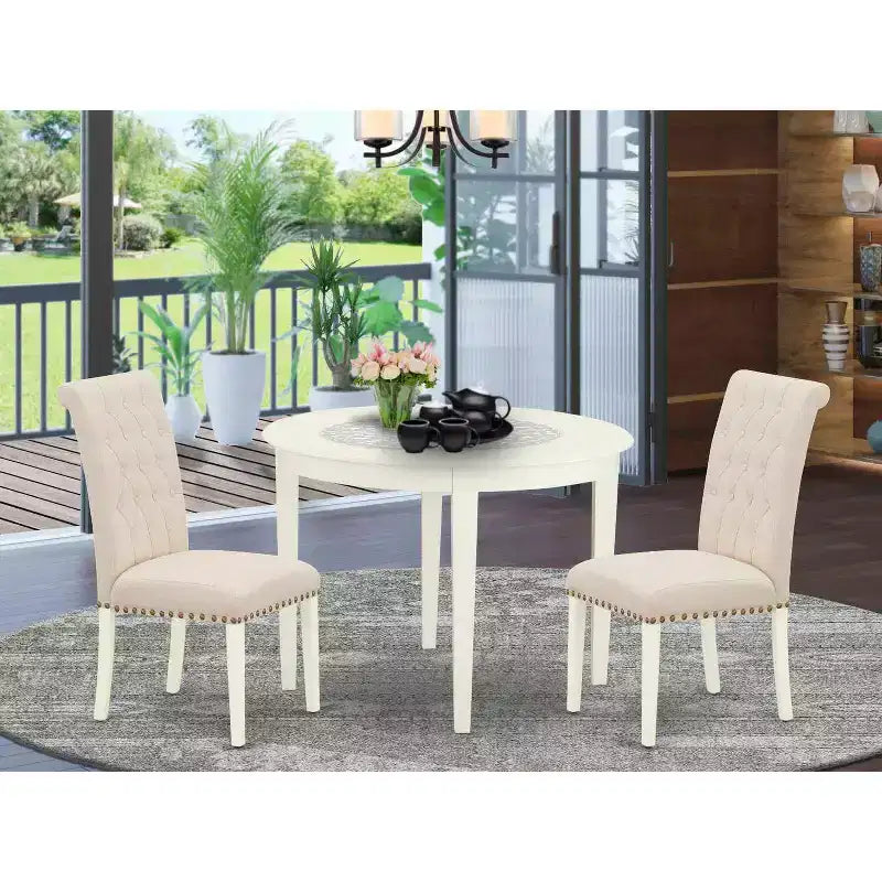 Table à manger ronde 3 pièces en bois massif finition blanche