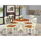 Table à manger 5 pièces en bois massif à plateau rond, finition cerisier et couleur crème, avec 4 chaises